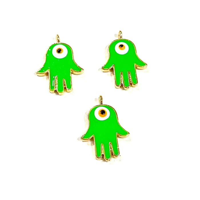 24Kt Gold Plated Brass Neon Green Enamelled Hamsa Charms 3 pcs in a pack Peppy Beads Earrings