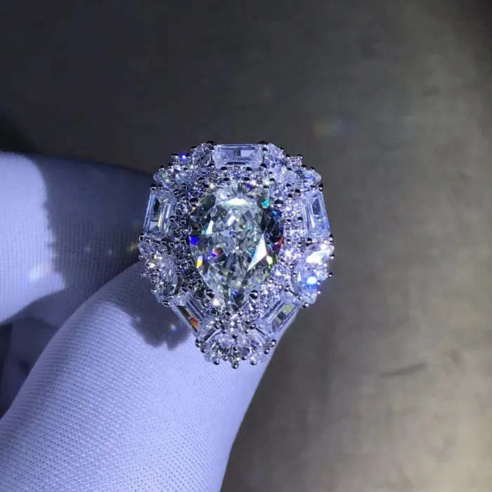 4 Carat Pear Cut Moissanite Ring Double Halo VVS GH Colorless Leyloon Jewelry Rings
