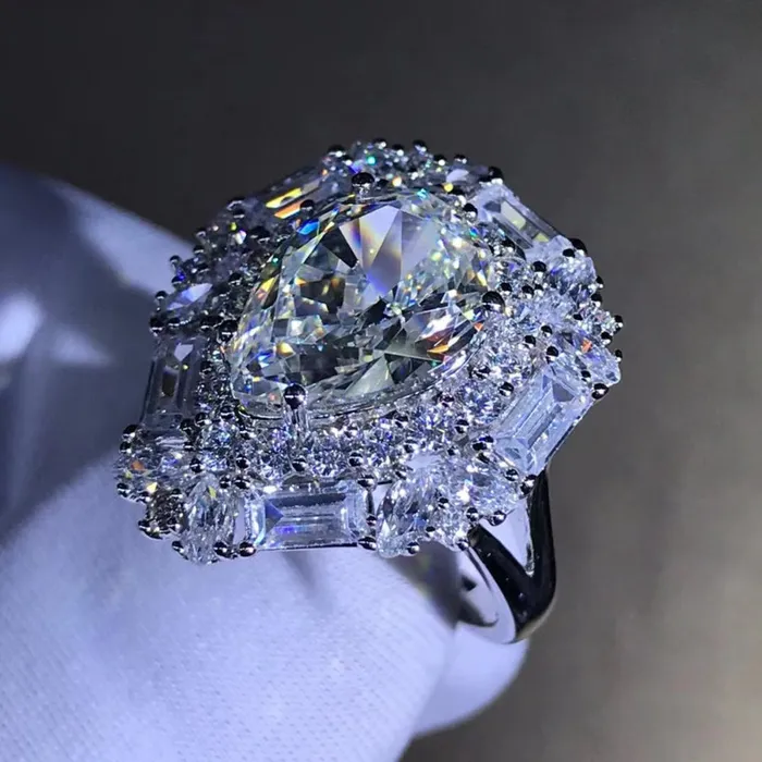 4 Carat Pear Cut Moissanite Ring Double Halo VVS GH Colorless Leyloon Jewelry Rings