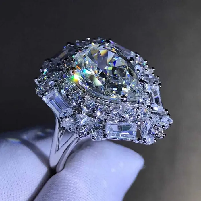 4 Carat Pear Cut Moissanite Ring Double Halo VVS GH Colorless Leyloon Jewelry Rings