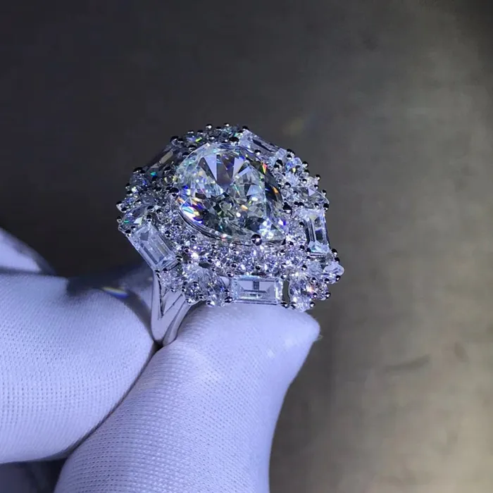 4 Carat Pear Cut Moissanite Ring Double Halo VVS GH Colorless Leyloon Jewelry Rings