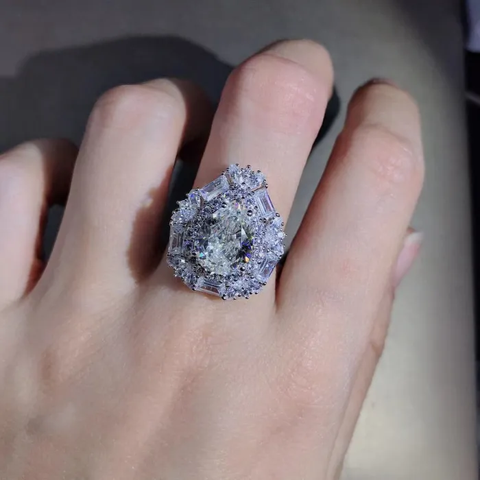 4 Carat Pear Cut Moissanite Ring Double Halo VVS GH Colorless Leyloon Jewelry Rings