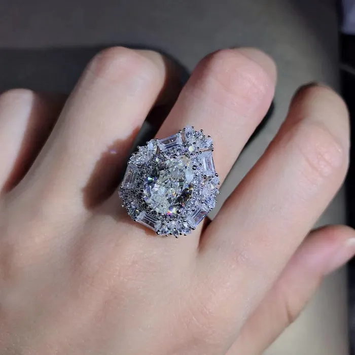 4 Carat Pear Cut Moissanite Ring Double Halo VVS GH Colorless Leyloon Jewelry Rings