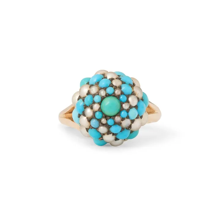Antique Rings Turquoise Pearl Silver and 14k Gold Cluster Ring