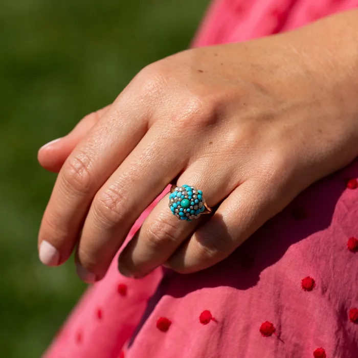 Antique Rings Turquoise Pearl Silver and 14k Gold Cluster Ring