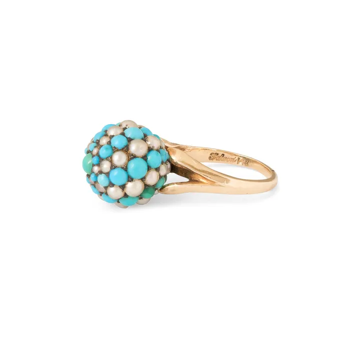 Antique Rings Turquoise Pearl Silver and 14k Gold Cluster Ring