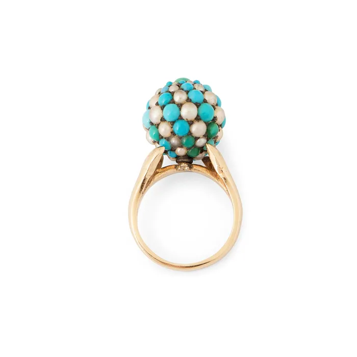 Antique Rings Turquoise Pearl Silver and 14k Gold Cluster Ring
