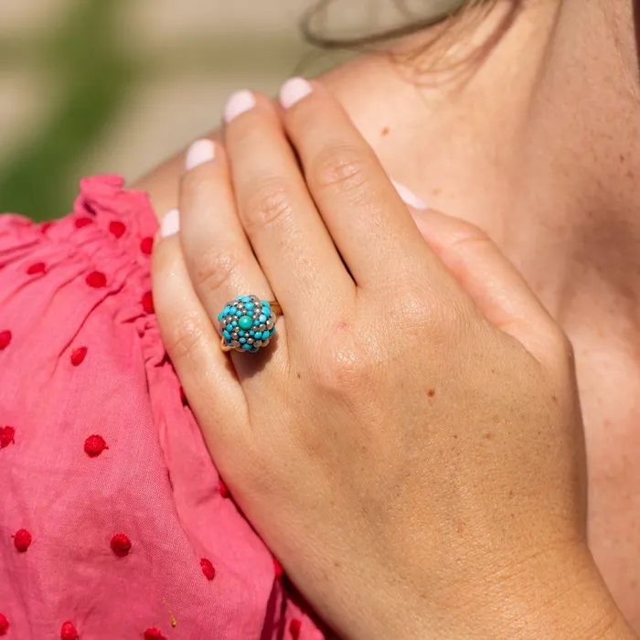 Antique Rings Turquoise Pearl Silver and 14k Gold Cluster Ring