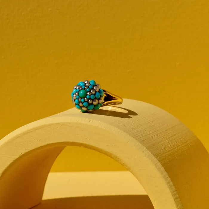 Antique Rings Turquoise Pearl Silver and 14k Gold Cluster Ring