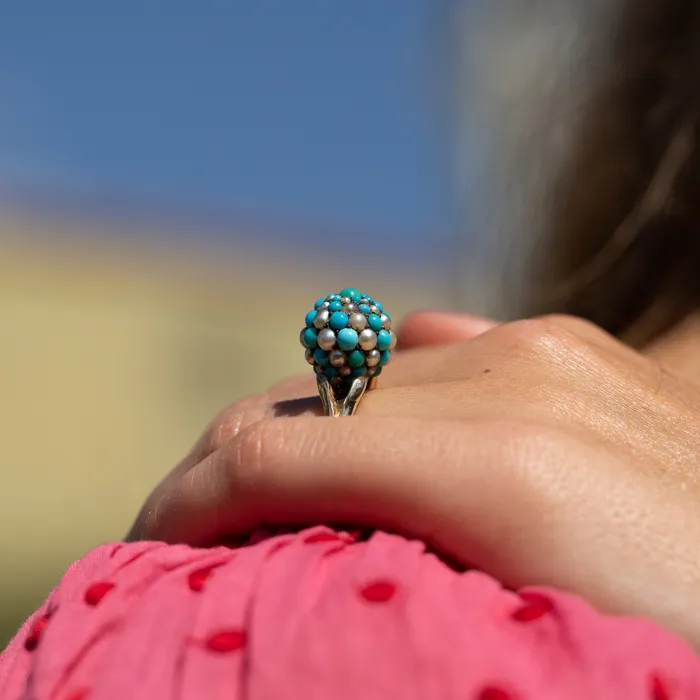 Antique Rings Turquoise Pearl Silver and 14k Gold Cluster Ring