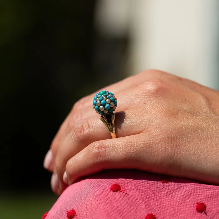 Antique Rings Turquoise Pearl Silver and 14k Gold Cluster Ring