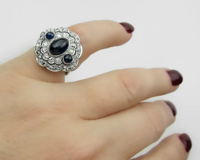 Art Deco Triple Sapphire Halo Ring Isadoras A Rings