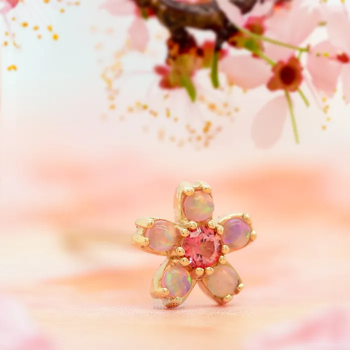 Body Vision BVLA Earrings Cherry Blossom Nostril Screw in Gold with Pink Opal Pink Topaz