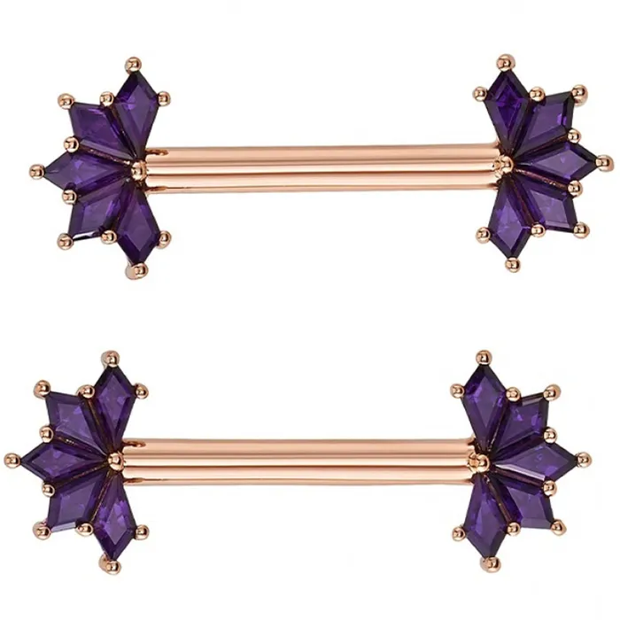 Body Vision BVLA Spirit Forward Facing Nipple Barbells in Gold with Amethyst Necklaces Body Vision BVLA Spirit Forward Facing Nipple Barbells in Gold with Amethyst Necklaces