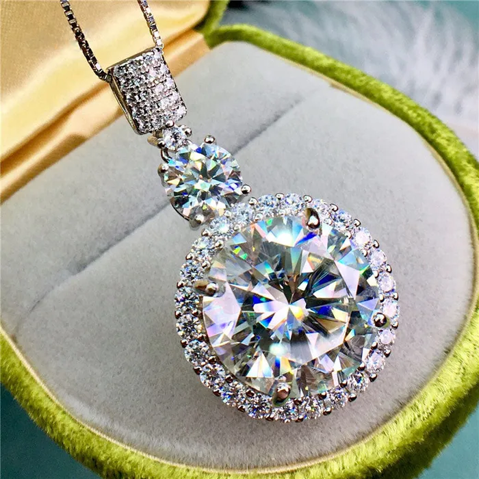 Necklaces 10 Carat D Color Round Cut Two Stone Beaded Halo Pendant VVS Moissanite Necklace Leyloon Jewelry Necklaces 10 Carat D Color Round Cut Two Stone Beaded Halo Pendant VVS Moissanite Necklace Leyloon Jewelry