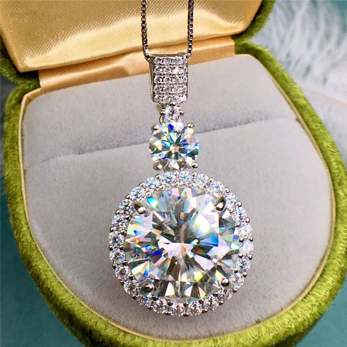 Necklaces 10 Carat D Color Round Cut Two Stone Beaded Halo Pendant VVS Moissanite Necklace Leyloon Jewelry Necklaces 10 Carat D Color Round Cut Two Stone Beaded Halo Pendant VVS Moissanite Necklace Leyloon Jewelry
