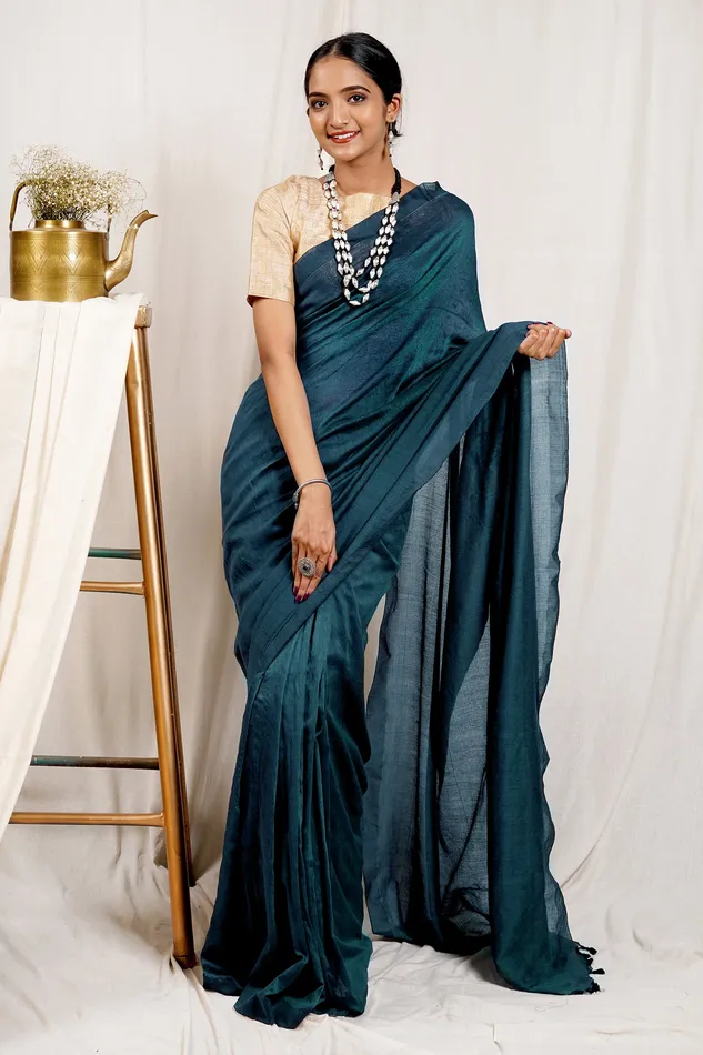 Rings Teejh Teejh Anchor Peacock Blue Mulmul Cotton Saree