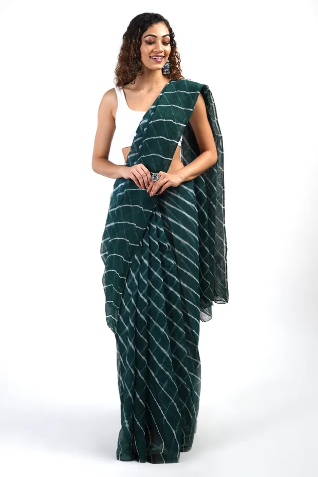 Teejh Necklaces Teejh Aadia Dark Green Kota Leheriya Saree with Blouse Piece