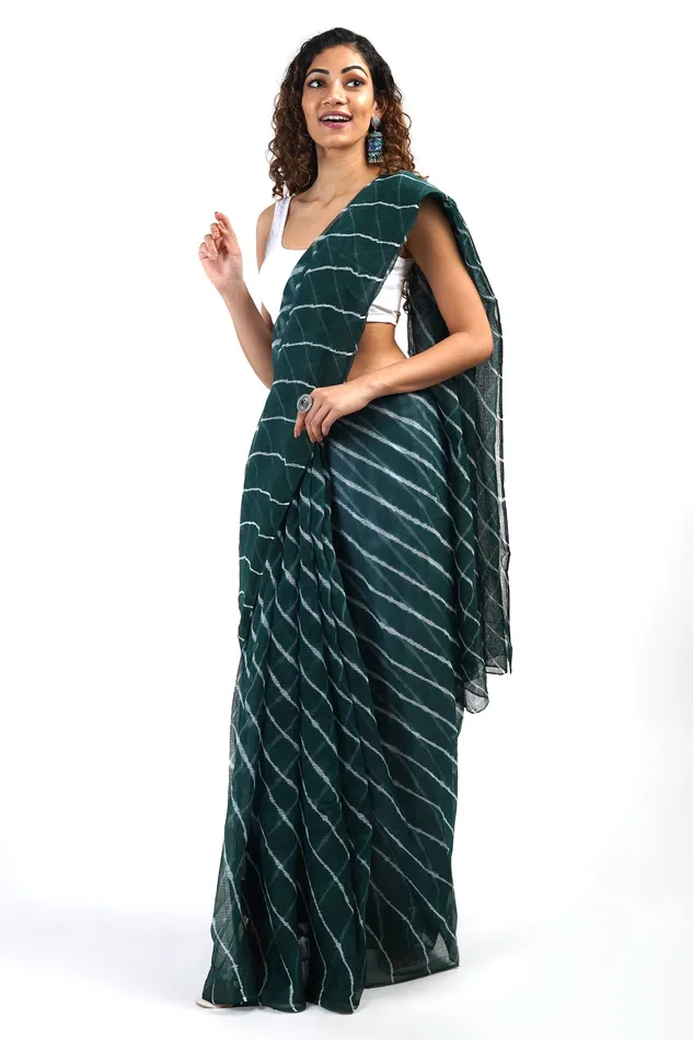 Teejh Necklaces Teejh Aadia Dark Green Kota Leheriya Saree with Blouse Piece