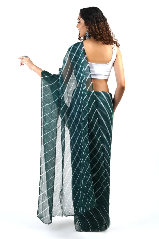 Teejh Necklaces Teejh Aadia Dark Green Kota Leheriya Saree with Blouse Piece