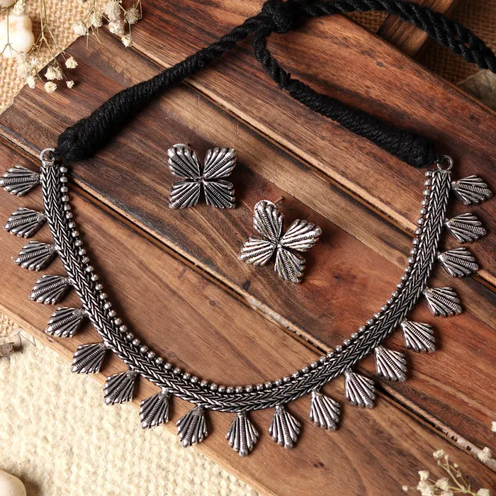 Teejh Necklaces Teejh Aaloka Silver Oxidised Choker Necklace Set