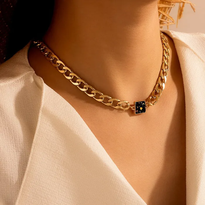 01 Necklaces N2026 Gold Chain Link Black Glitter Square Choker Necklace with FREE EARRINGS