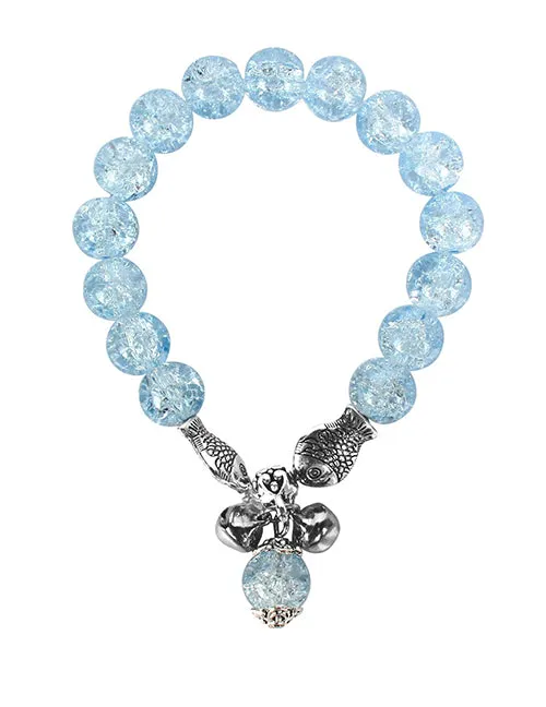 02 Bracelets B1127 Light Blue Crackle Bead Fish Jingle Charm Bracelet