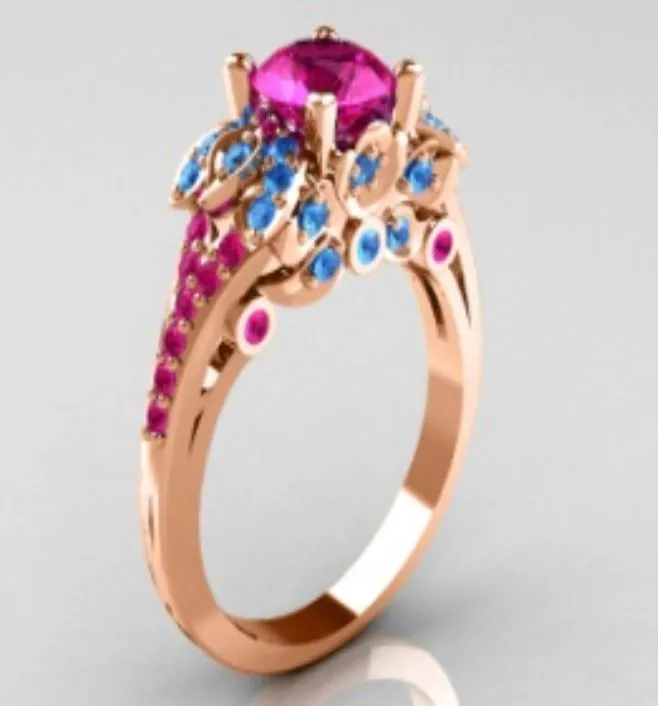 alice Rings R198 Rose Gold Pink Blue Rhinestone Ring