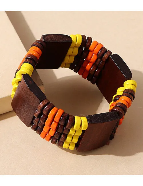 B139 Brown Yellow Orange Wooden Bead Bracelet 02 Bracelets