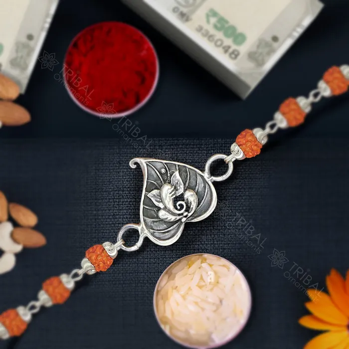 Bracelets 925 sterling silver handmade Pan Ganesha design Rakhi bracelet amazing Rudrakshablack and wihte Tulsi beaded bracelet jewelry rk249 TRIBAL ORNAMENTS Bracelets 925 sterling silver handmade Pan Ganesha design Rakhi bracelet amazing Rudrakshablack and wihte Tulsi beaded bracelet jewelry rk249 TRIBAL ORNAMENTS