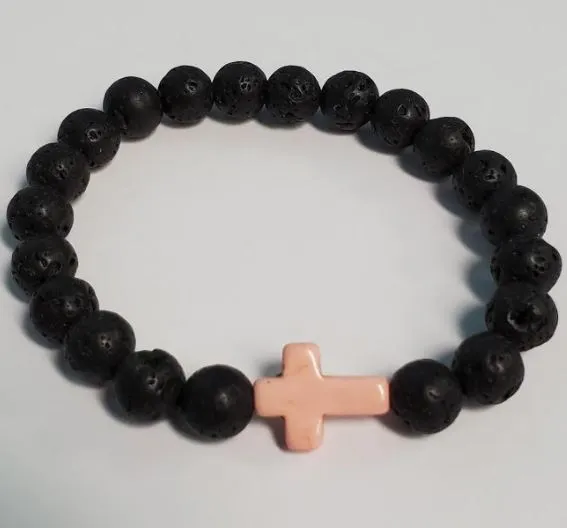 Bracelets polly B865 Black Lava Stone Pale Pink Cross Bead Bracelet