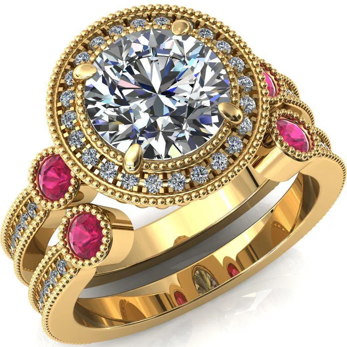 Fire Brilliance Rings Brachium Round Center Stone Ruby Bezel Milgrain Halo 34 Eternity Accent Diamond Ring