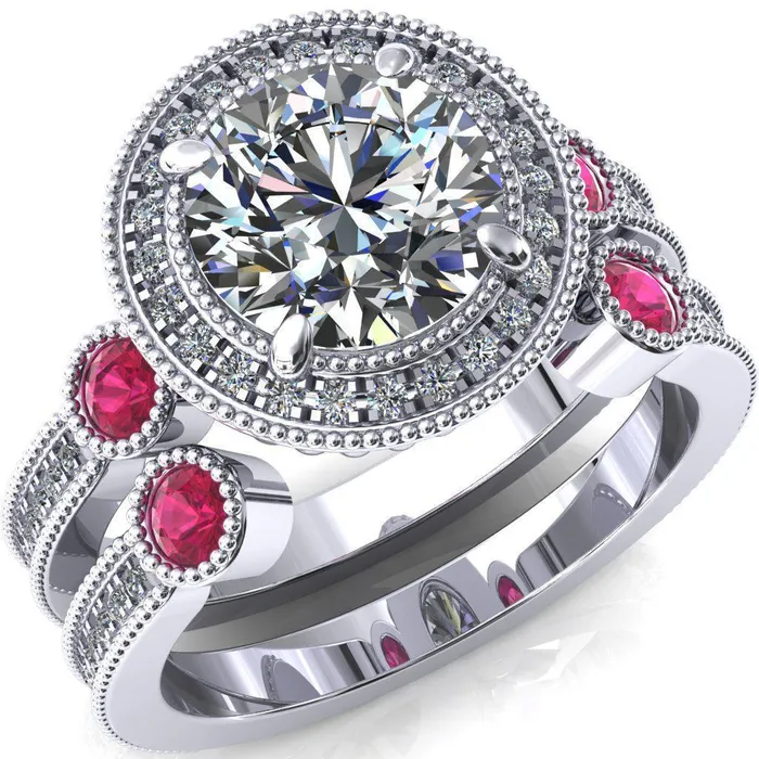 Fire Brilliance Rings Brachium Round Center Stone Ruby Bezel Milgrain Halo 34 Eternity Accent Diamond Ring