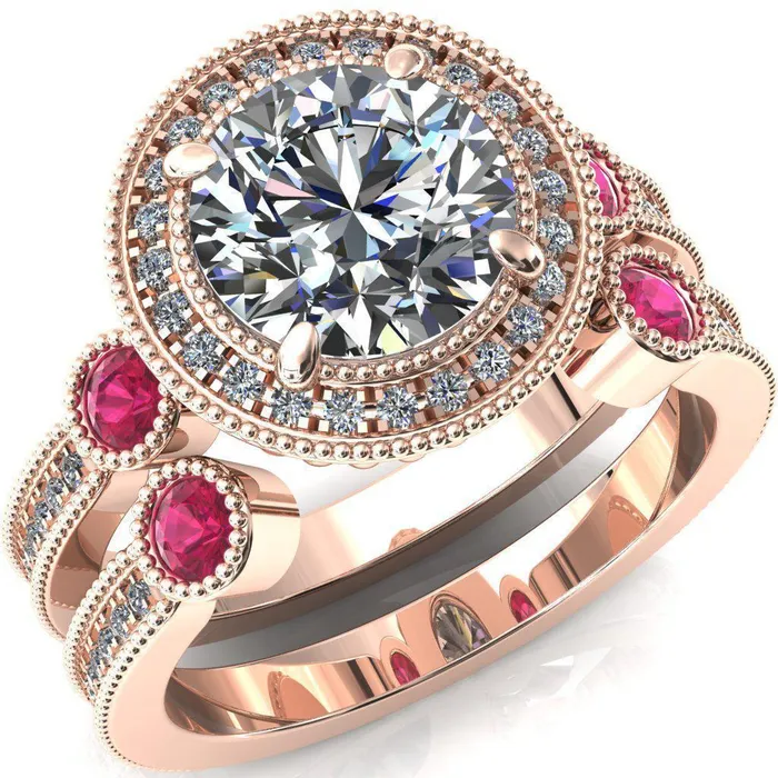 Fire Brilliance Rings Brachium Round Center Stone Ruby Bezel Milgrain Halo 34 Eternity Accent Diamond Ring