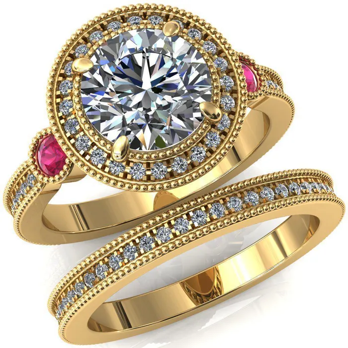 Fire Brilliance Rings Brachium Round Center Stone Ruby Bezel Milgrain Halo 34 Eternity Accent Diamond Ring