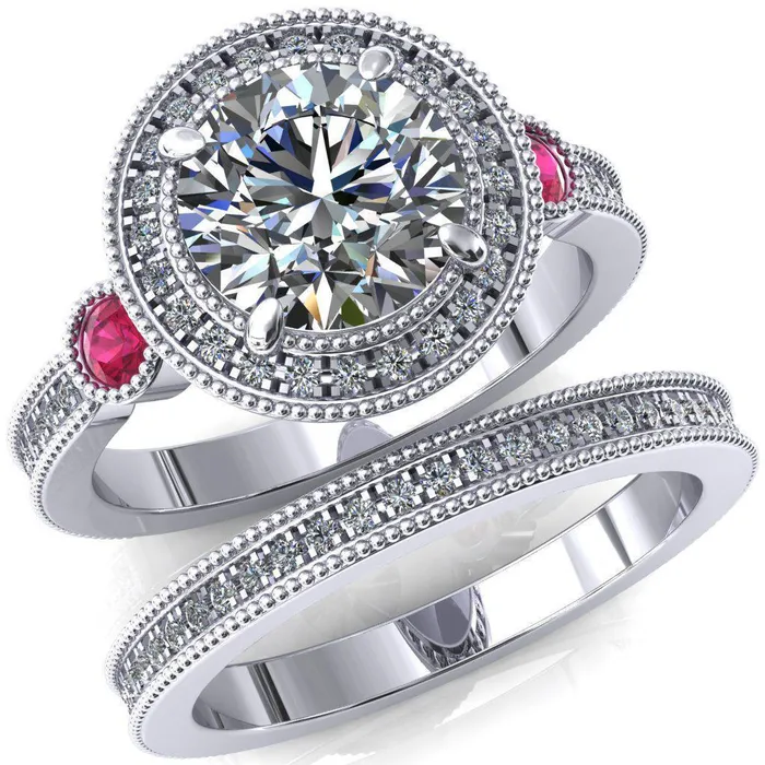 Fire Brilliance Rings Brachium Round Center Stone Ruby Bezel Milgrain Halo 34 Eternity Accent Diamond Ring
