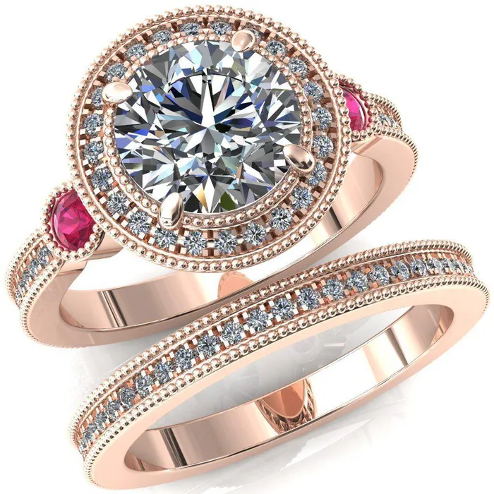 Fire Brilliance Rings Brachium Round Center Stone Ruby Bezel Milgrain Halo 34 Eternity Accent Diamond Ring