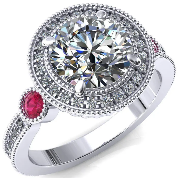Fire Brilliance Rings Brachium Round Center Stone Ruby Bezel Milgrain Halo 34 Eternity Accent Diamond Ring