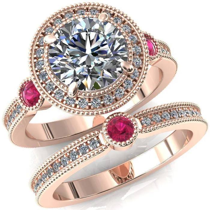 Fire Brilliance Rings Brachium Round Center Stone Ruby Bezel Milgrain Halo 34 Eternity Accent Diamond Ring