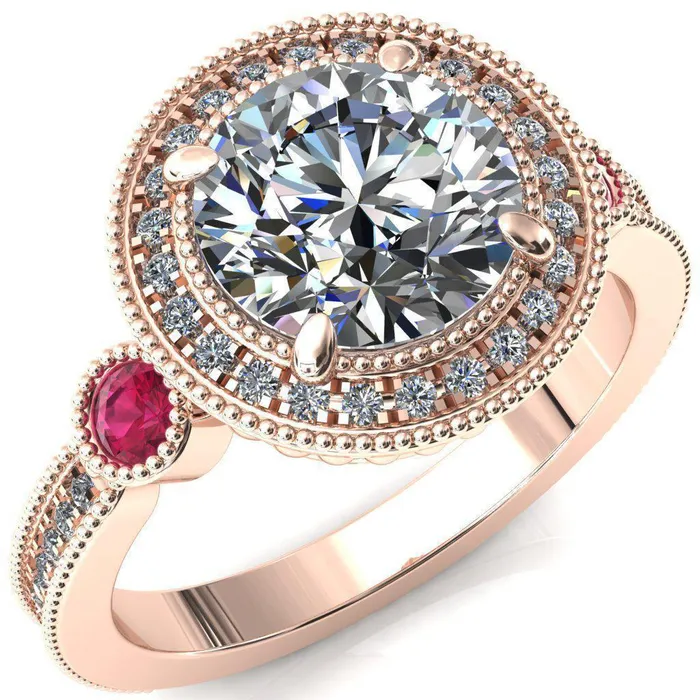 Fire Brilliance Rings Brachium Round Center Stone Ruby Bezel Milgrain Halo 34 Eternity Accent Diamond Ring