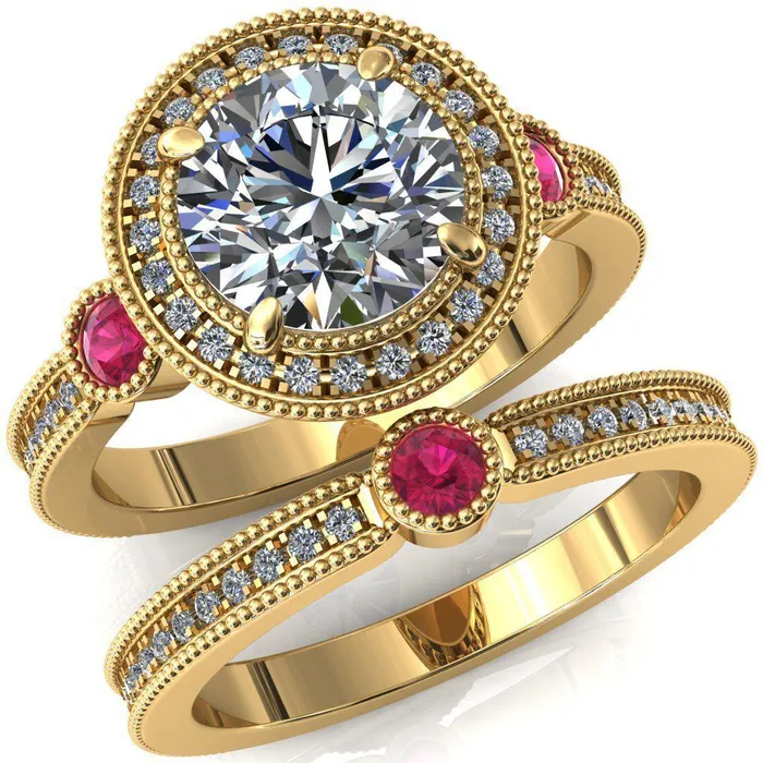 Fire Brilliance Rings Brachium Round Center Stone Ruby Bezel Milgrain Halo 34 Eternity Accent Diamond Ring