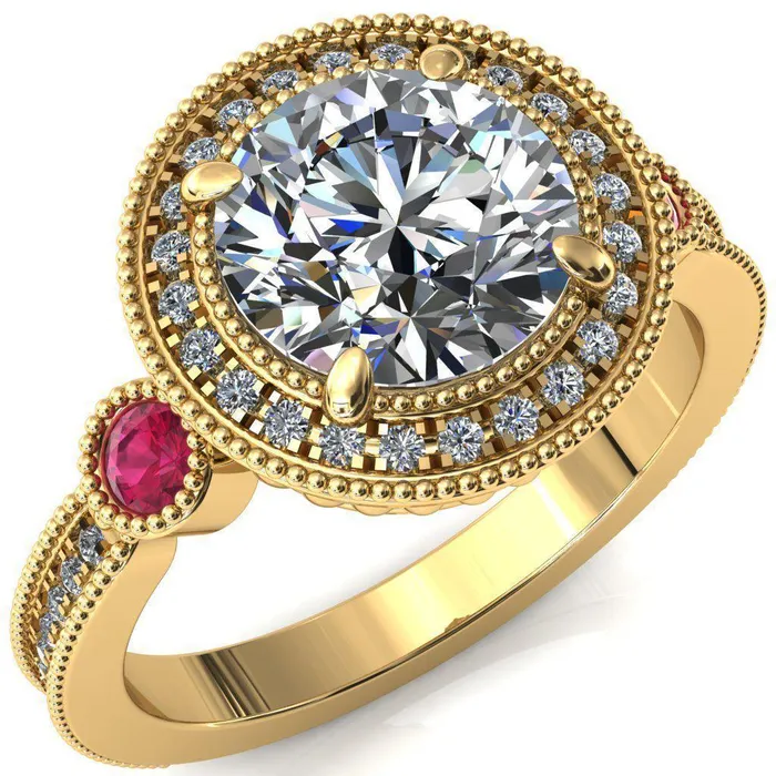 Fire Brilliance Rings Brachium Round Center Stone Ruby Bezel Milgrain Halo 34 Eternity Accent Diamond Ring
