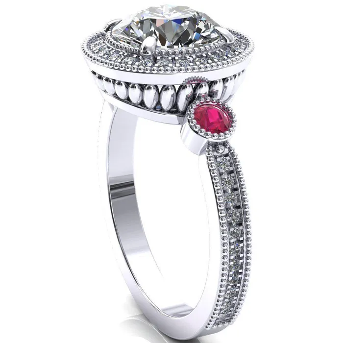 Fire Brilliance Rings Brachium Round Center Stone Ruby Bezel Milgrain Halo 34 Eternity Accent Diamond Ring
