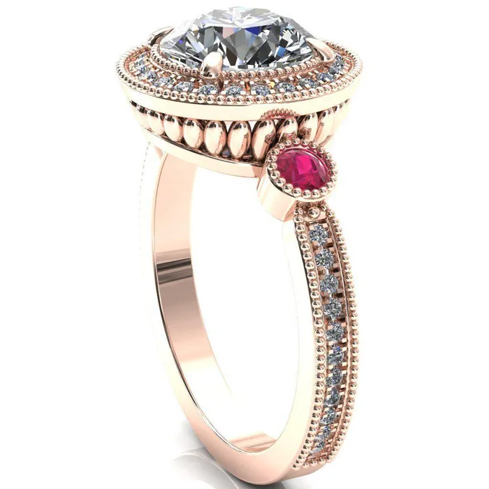 Fire Brilliance Rings Brachium Round Center Stone Ruby Bezel Milgrain Halo 34 Eternity Accent Diamond Ring