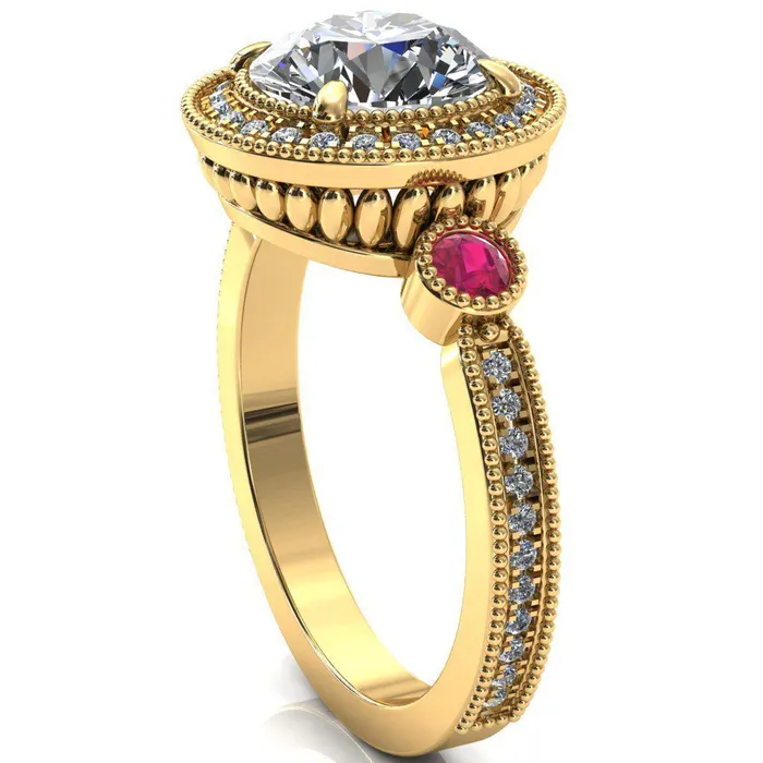 Fire Brilliance Rings Brachium Round Center Stone Ruby Bezel Milgrain Halo 34 Eternity Accent Diamond Ring