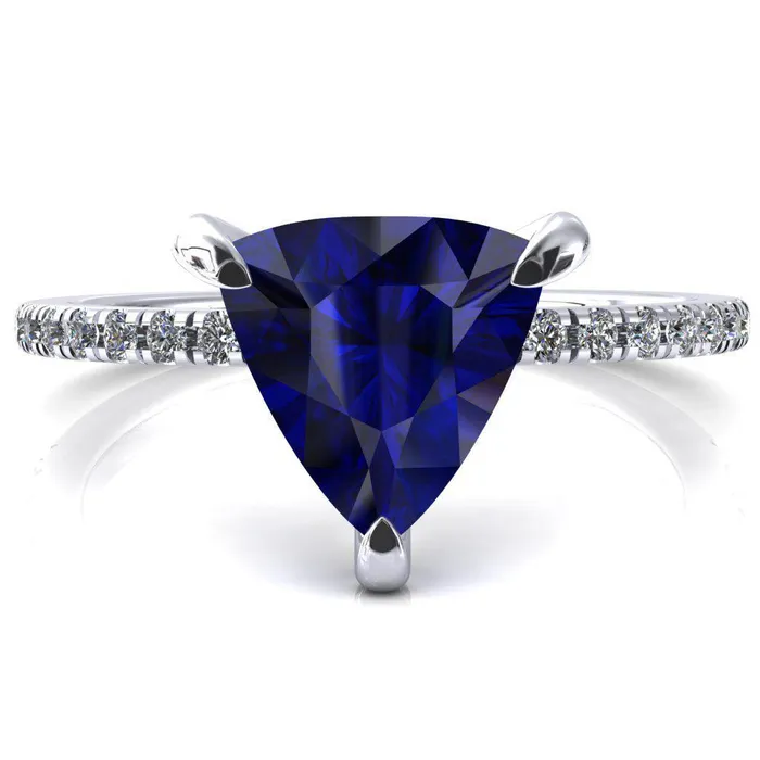 Fire Brilliance Rings Ezili Trillion Blue Sapphire 3 Claw Prong Micro Pave Diamond Sides Engagement Ring Fire Brilliance Rings Ezili Trillion Blue Sapphire 3 Claw Prong Micro Pave Diamond Sides Engagement Ring