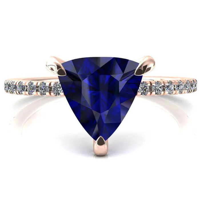 Fire Brilliance Rings Ezili Trillion Blue Sapphire 3 Claw Prong Micro Pave Diamond Sides Engagement Ring