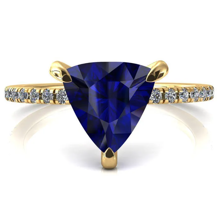 Fire Brilliance Rings Ezili Trillion Blue Sapphire 3 Claw Prong Micro Pave Diamond Sides Engagement Ring