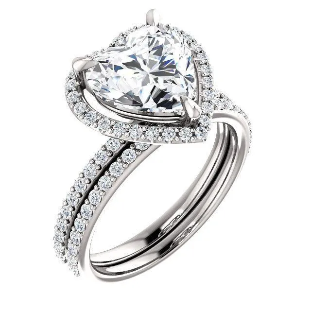 Fire Brilliance Rings Heart Moissanite Diamond Accent Ice Halo Ring