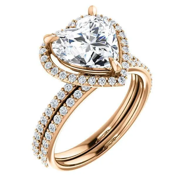 Fire Brilliance Rings Heart Moissanite Diamond Accent Ice Halo Ring